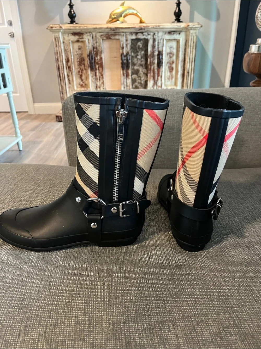 Burberry Plaid Rubber Rain Boots, Size 37